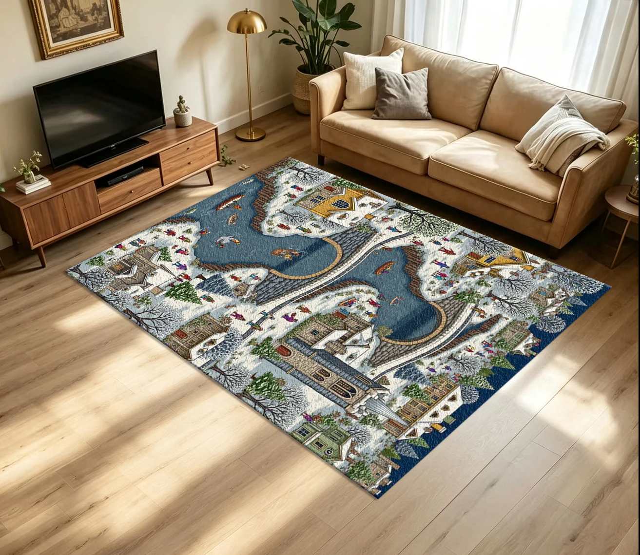 Pixel Art Winter Snow Town Landscape Carpet Flooring Retro Christmas Village Scenery Printed Floor Rug for Home Interior Decoration