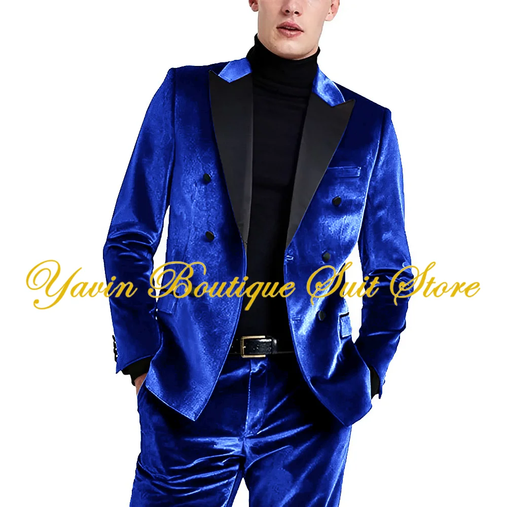 Velvet Men\'s Suit Peaked Collar Jacket Pants 2 Piece Set Slim Fit Double Breasted Men Blazer Formal Elegant Groom Tuxedo Wedding