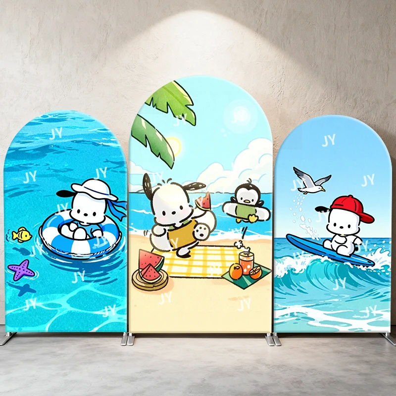 

Sanrio Pochacco Summer Beach Arch Backdrop Kawaii Decor Photo Booth Prop for Kids' Birthday Party Vacation Theme Background
