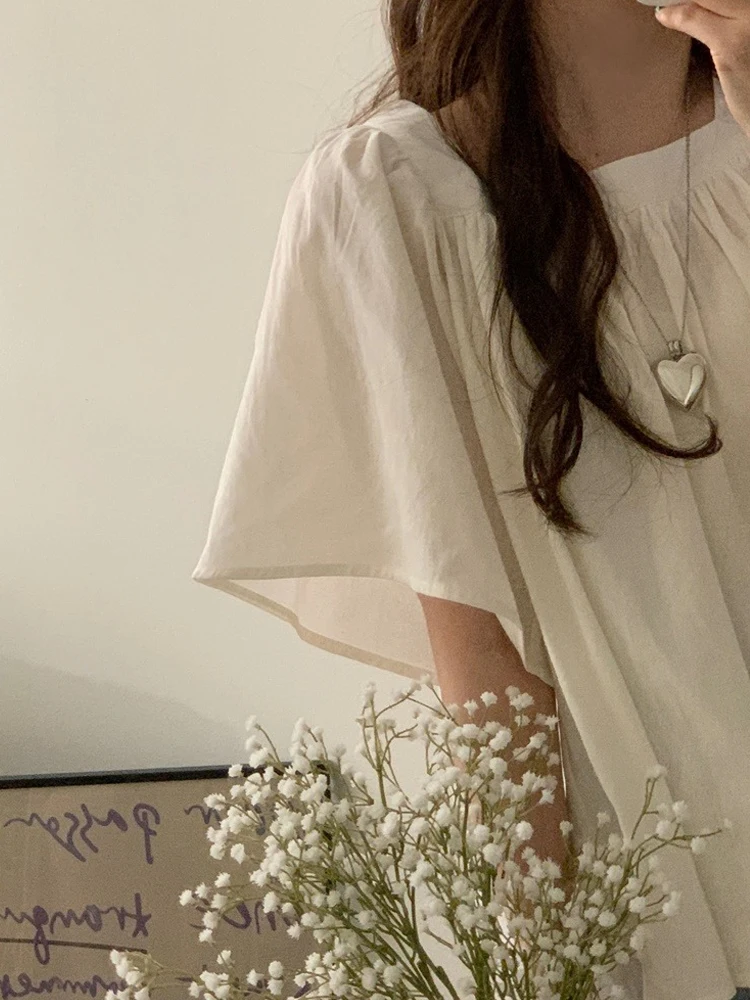 

Summer ort Sve irt Women's Chic Folded Design Loose ort Wide Leg Pants Vintage Square Collar Top Korean Sle