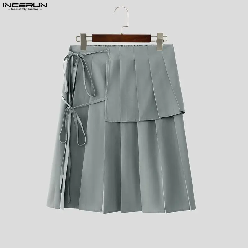 

INCERUN Men's Skirts Pleated Solid Color Lace Up Casual Men Bottoms Streetwear Summer Personality 2026 Fashion Skirts For Man