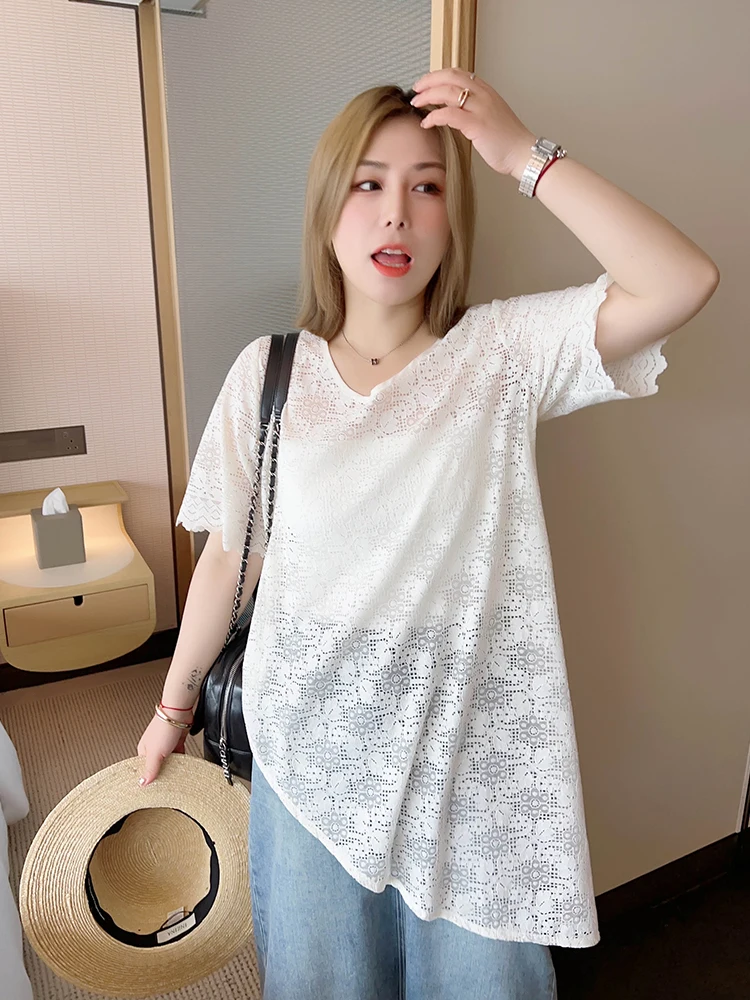 

Корейская версия летней блузки Vogana большого размера из хлопковой смеси с кружевом, ажурными вставками, свободным кроем и асимметричным подолом в стиле Pure Desire