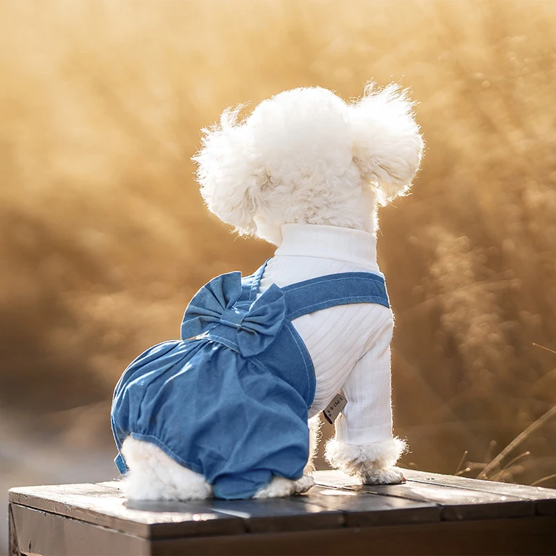 

Bow Design Pet Dog Jacket Four Legged Summer One-piece Denim Overalls Small Dog Pet Clothing Coat Puppy Clothes for Small Dogs