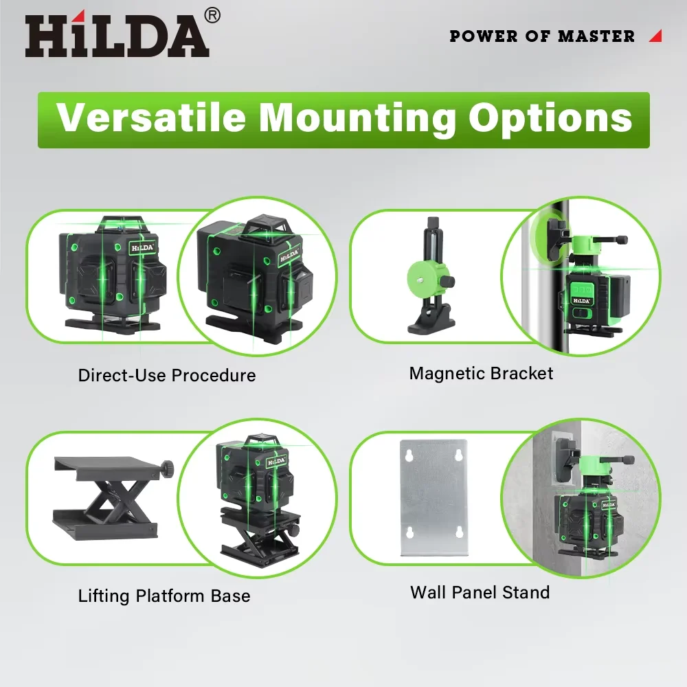 

HILDA 12/16 Line Green Laser Level Rechargeable Batteries Self leveling Manual Modes Adjustable Lift Table & Stand