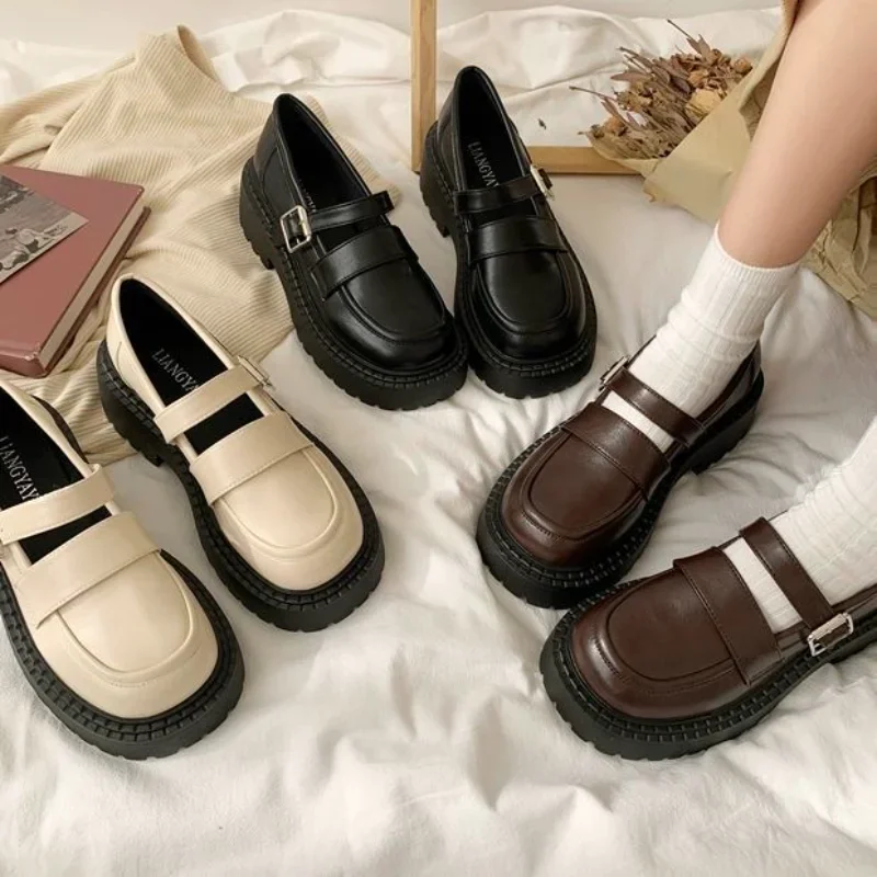 Brown Luxury Leather Casual Round Toe Ladies Footwear Japanese Style Lolita Gothic Women\'s Shoes Platform Buckle Mary Jane 39 E