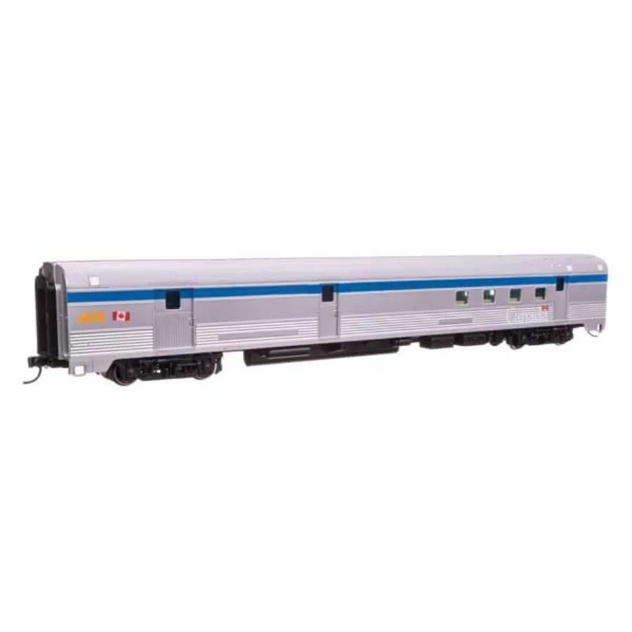 

HO scale 85' Budd baggage-RPO car for railway post office use, stainless steel body, silver-gray finish, realistic detailing an
