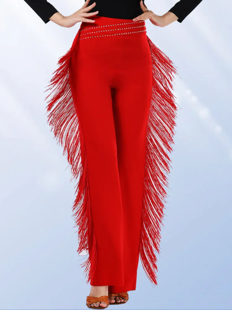 タッセル ハイウエスト ラインストーン フリンジ ワイドレッグ ダンス パンツ 社交ダンスまたはステージ ジャズ モダン パフォーマンス パンツ用
