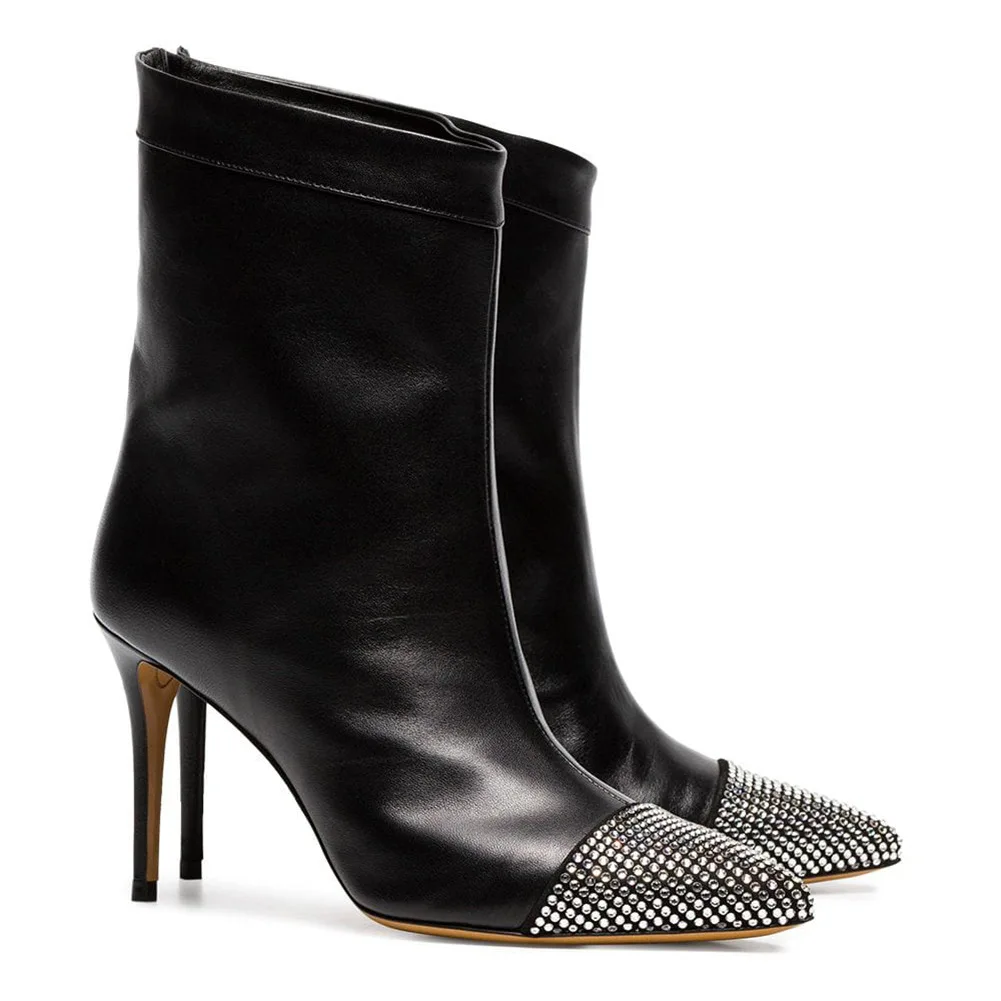 

Winter Bling Bling Rhinestone Toe High Heel Short Boots Women Black Leather Pointed Toe Slip On Ankle Boots Zapatos Para Mujere