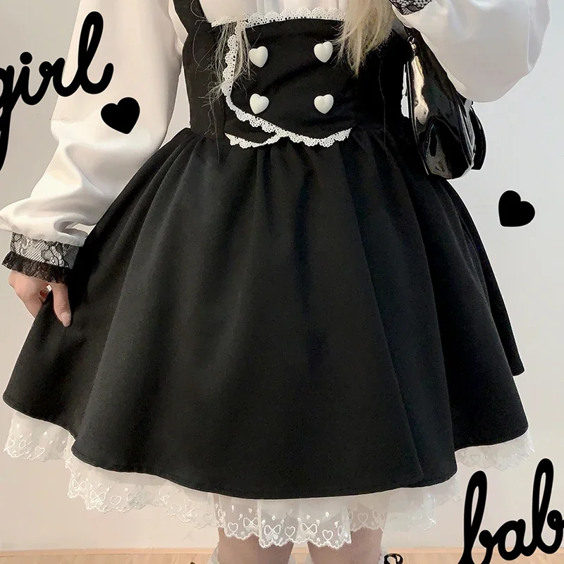 Mini saia com guarnição de renda para meninas doces, saias bonitas com botão amor, roupas kawaii, harajuku