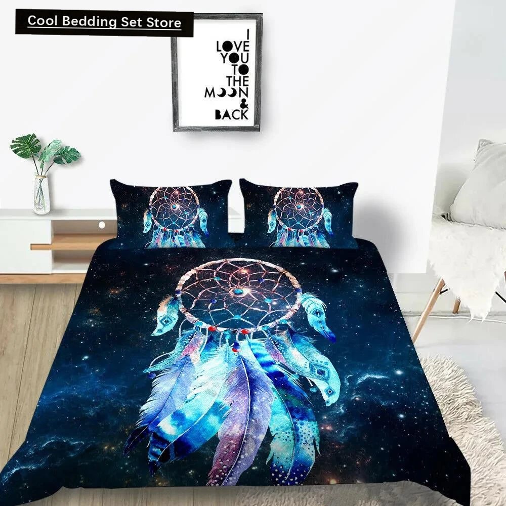 Dream Catcher Duvet Cover Set Kids Bohemian Mandala Boho Chic Feather Bedding Set Full Size Tie Dye Purple Polyester Duvet Cover