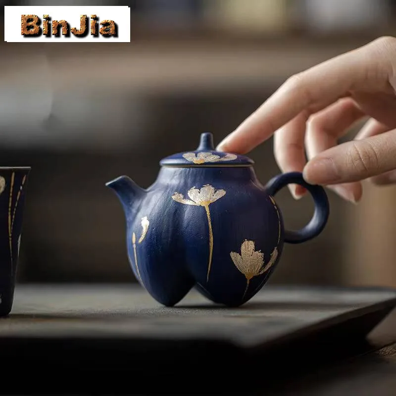 

140Ml Handmade Powder Yin Klein Blue Art Teapot Handdrawn Gold Sier Color Pot Tea Soaking Kettle Cafes Teaware Supplies Gift