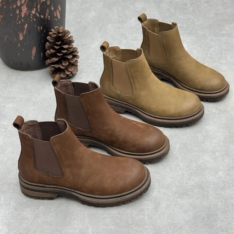 2026 Autumn Winter Genuine Cowhide Leather Ankle Boots Women Flat Chelsea Boots 4cm High Heels Round Toe Paltform Slip-On Shoes