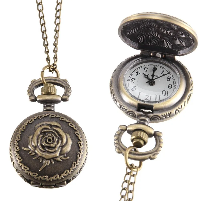 Vintage Pocket Watch Bronze Color Quartz Watch Cool Chain Rose Watches
