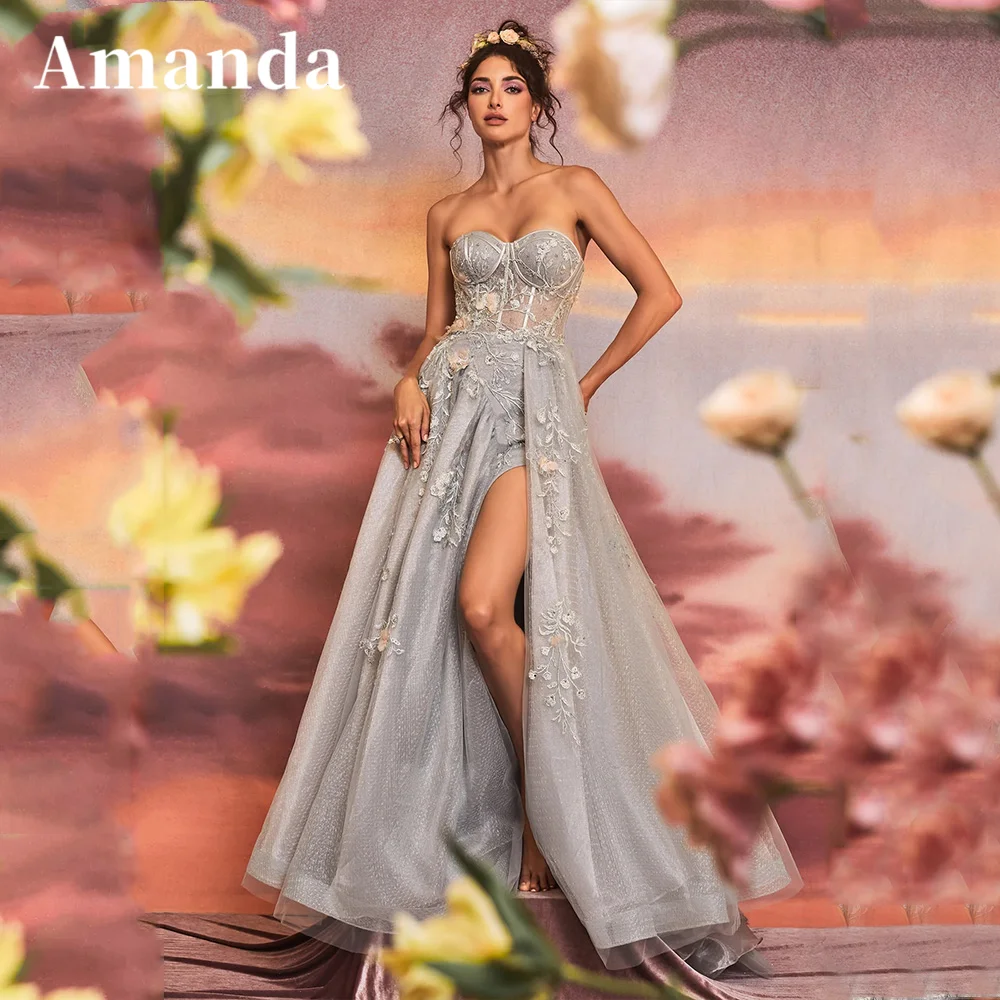 Amanda Sexy 3D Flower Strapless Vestidos De Noche Side Split Grey فساتين مناسبة رسمية Sweet Sleeveless A-line Prom Dress 2023