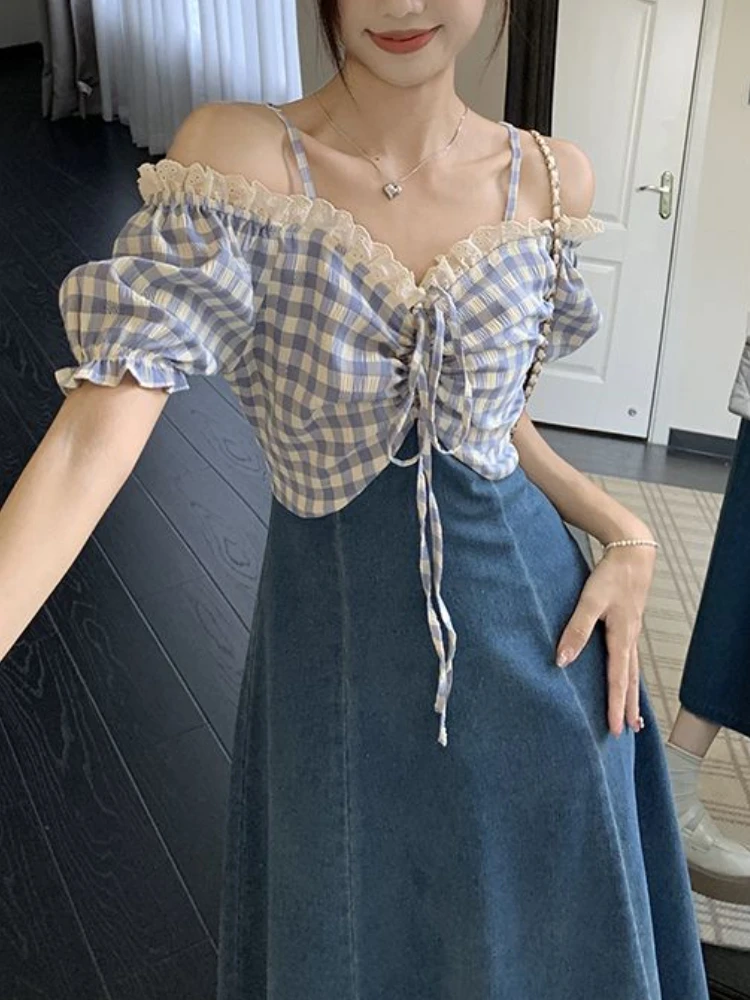 Denim Slim Waist Puff Sleeve Off Shoulder Vestidos Patchwork Casual Dresses 2024 Summer Korean Niche Design Long Denim Dress