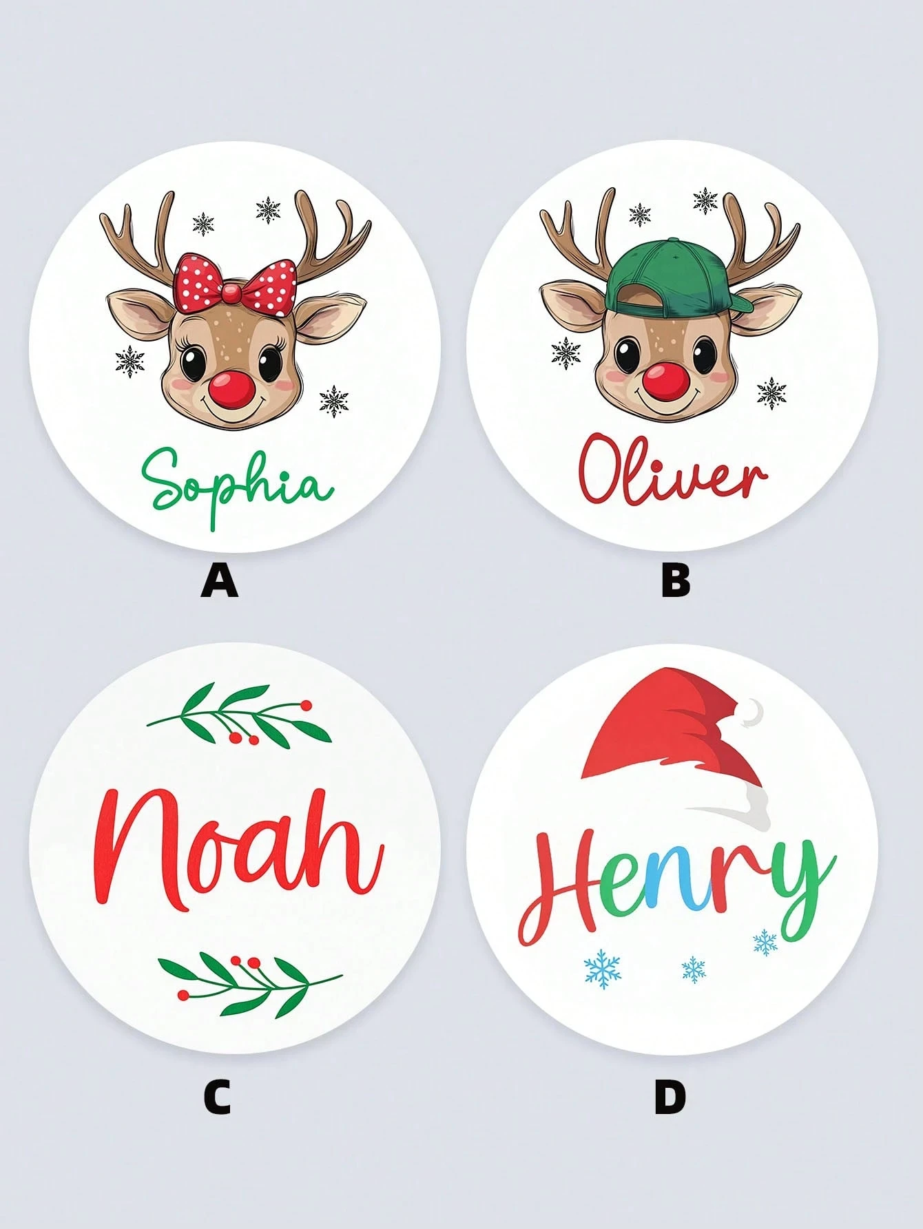 ملصق عيد الميلاد الشخصي 3-8 سم، ملصقات اسم عيد الميلاد المخصصة، ملصقات أسماء دائرية نصية مخصصة، علامات الأيائل المخصصة