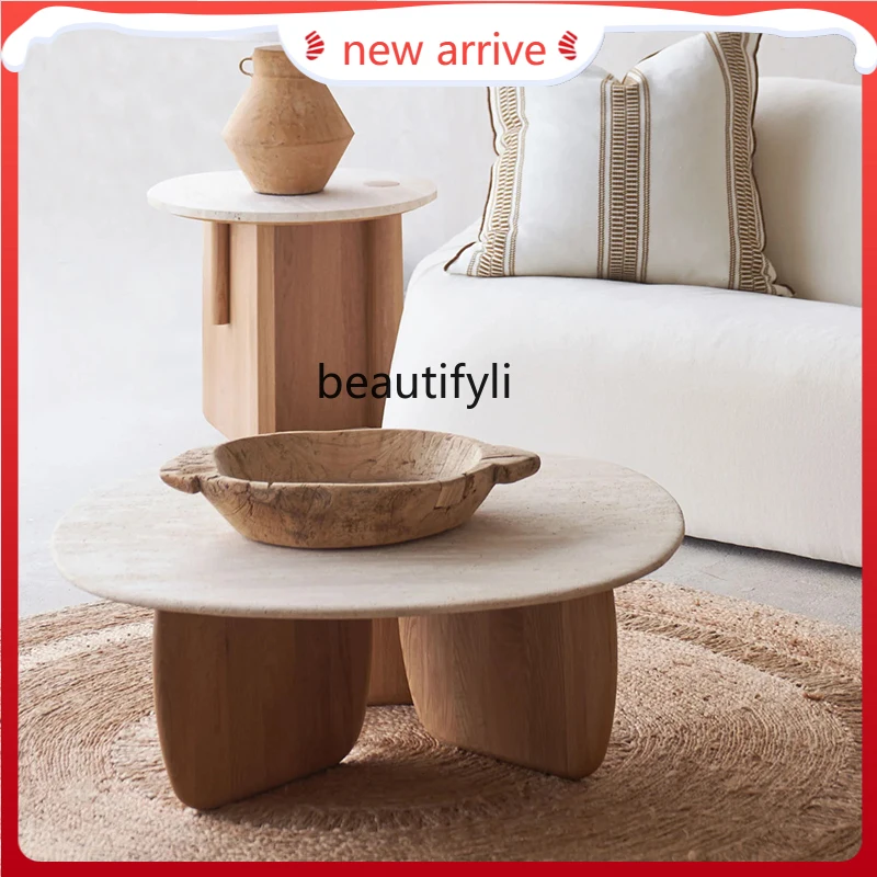 

Wabi-sabi coffee table, small apartment living room coffee table, oak high-end round natural travertine coffee table G1218
