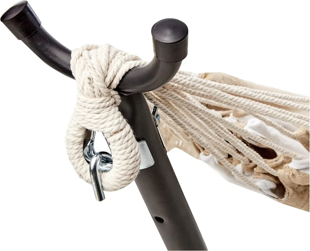 Doppel-Hängematte mit 9 Fuß platzsparendem Stahlständer und Tragetasche, 450 Pfund Tragkraft, beige Streifen mit Spitze, 110 x 47 x 43 Zoll