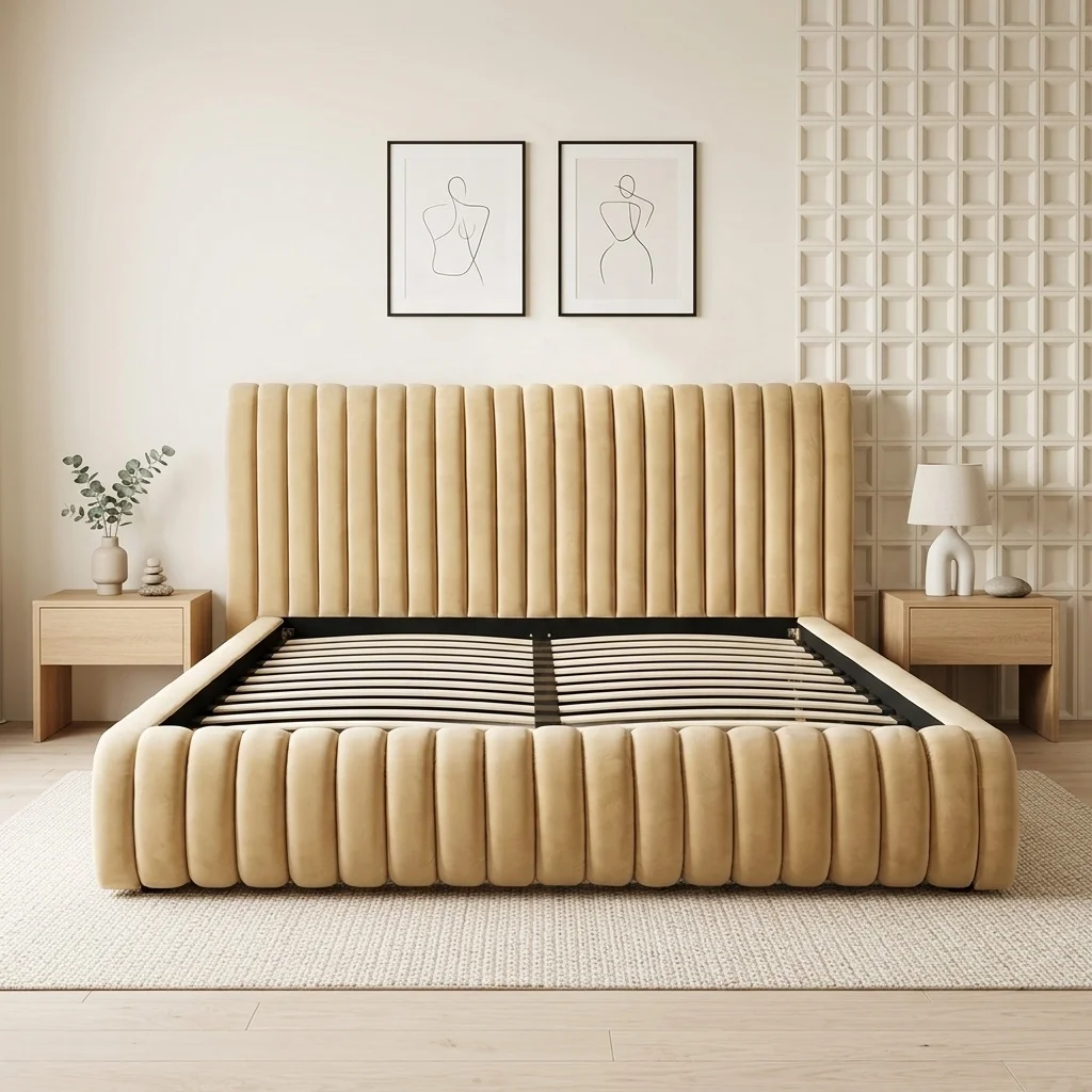 ^Modern Design Bedroom Soft Bed Luxury Queen Size Upholstery Crushed Velvet Chesterfield Tufted Sleigh Bed Wood Frame Bed