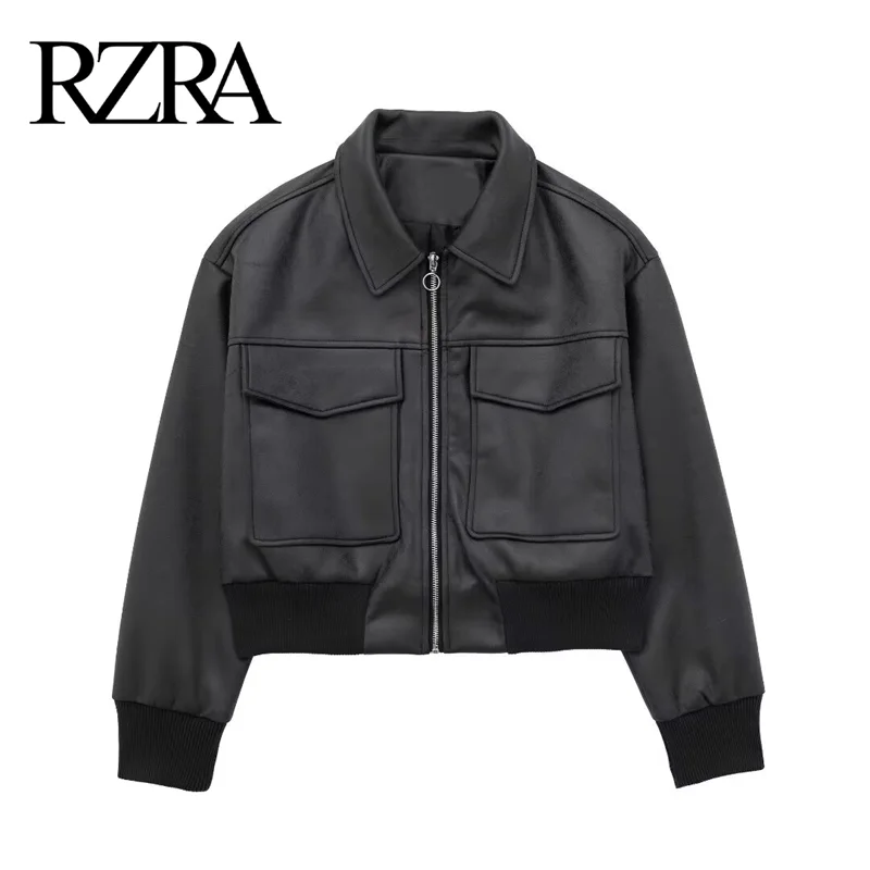 

RZRA original 2024 autumn and winter new women's lapel long sleeve pocket decoration imitation leather pilot jacket