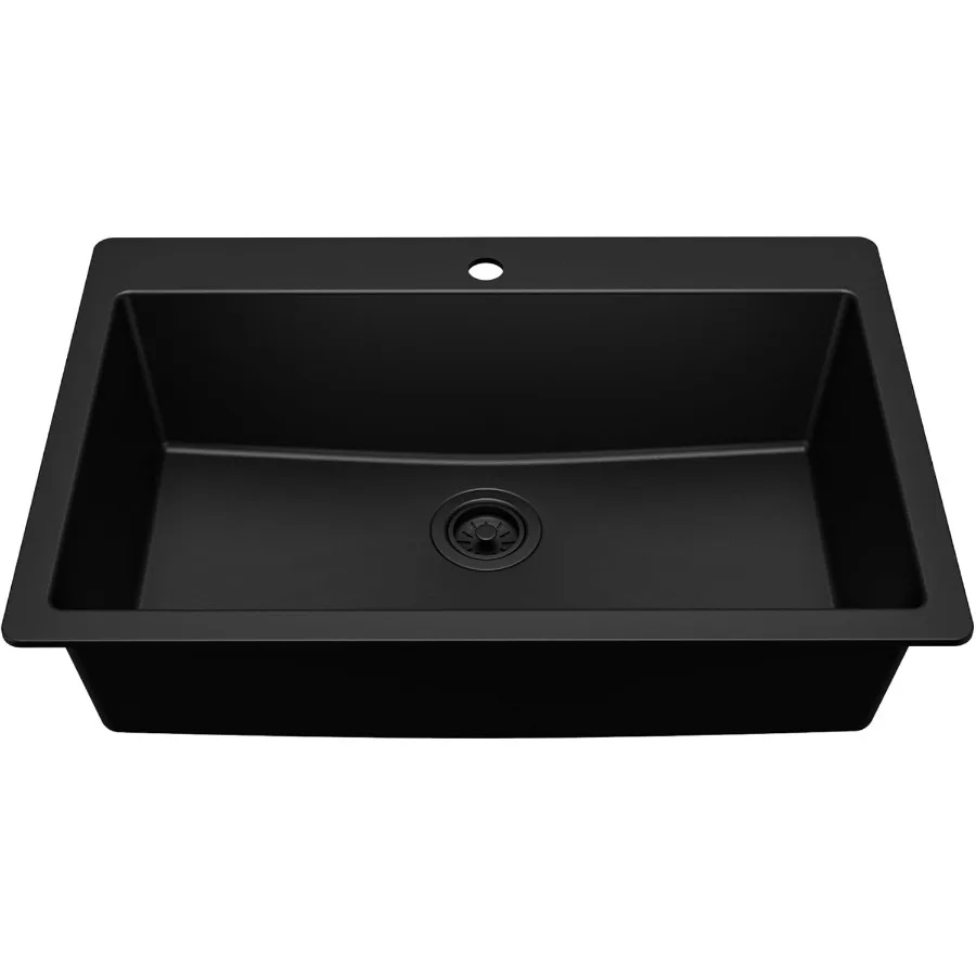 

33 Вставная кварцевая композитная кухонная мойка с одной чашей, черная, очень глубокая, 9-разовая, термостойкая, звукопоглощающая, легкая
