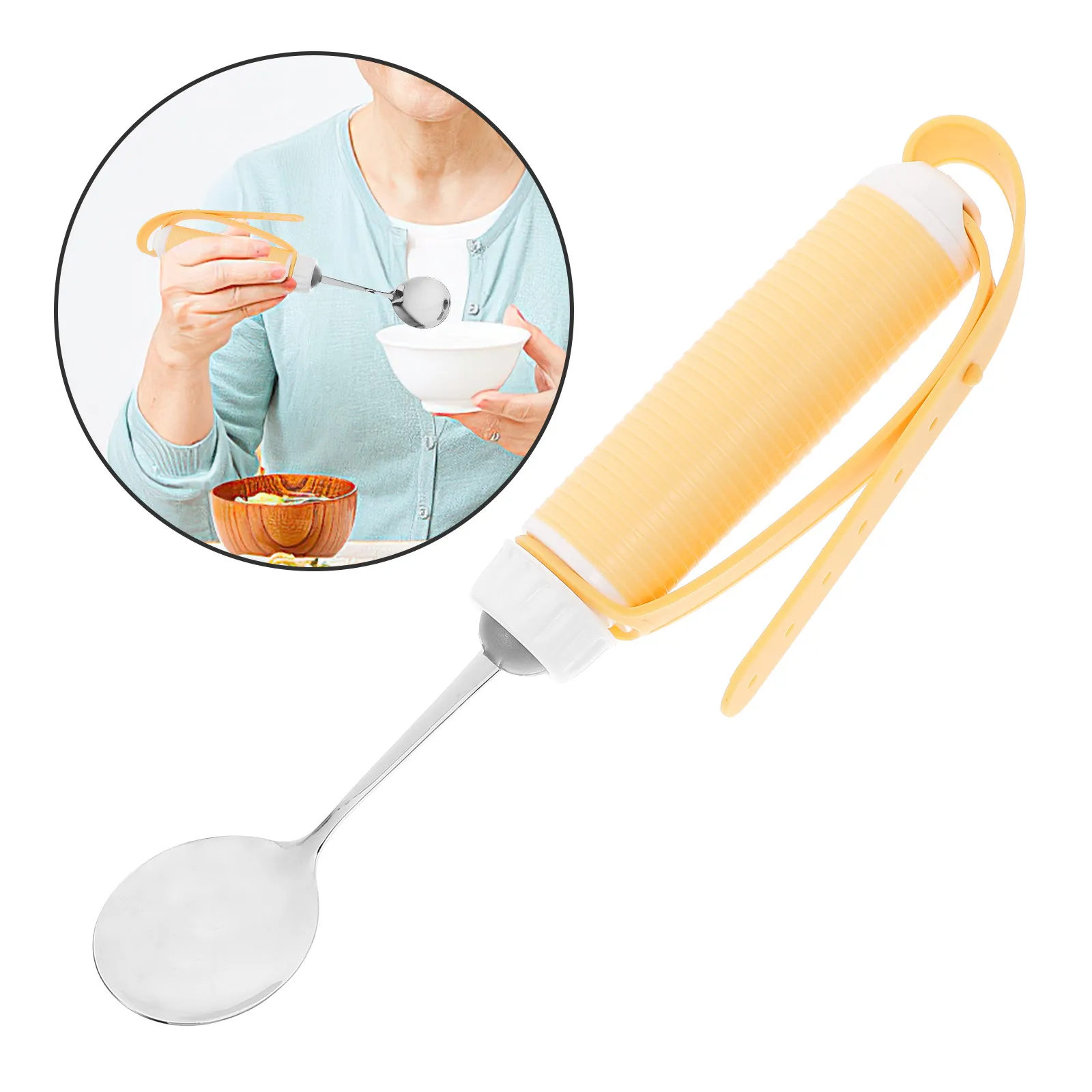 Adaptive Spoon for Elderly Anti-Shaking Stainless Steel Yellow Non-Slip Handle 360-Degree Adjustable Swivel Design for Weak