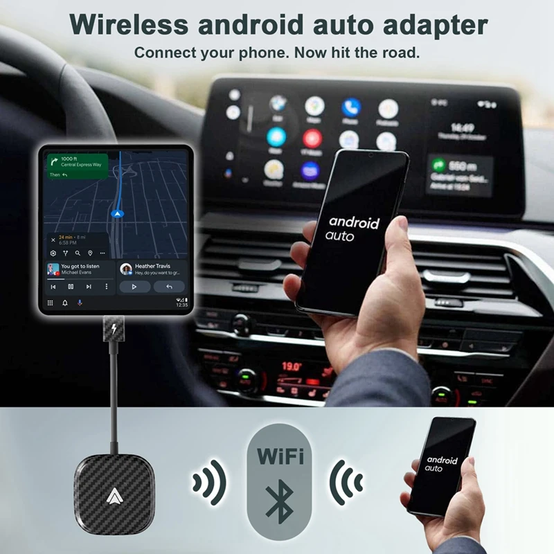 Wired To Wireless Android Auto Dongle, Wireless Android Auto Adapter, Plug Play 5G BT USB Car AI Box Durable Carbon Fiber Black