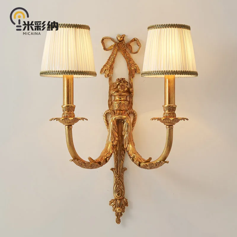 

Double-headed copper wall lamp European retro villa living room lamp bedroom bedside lamp corridor aisle French wall lamp