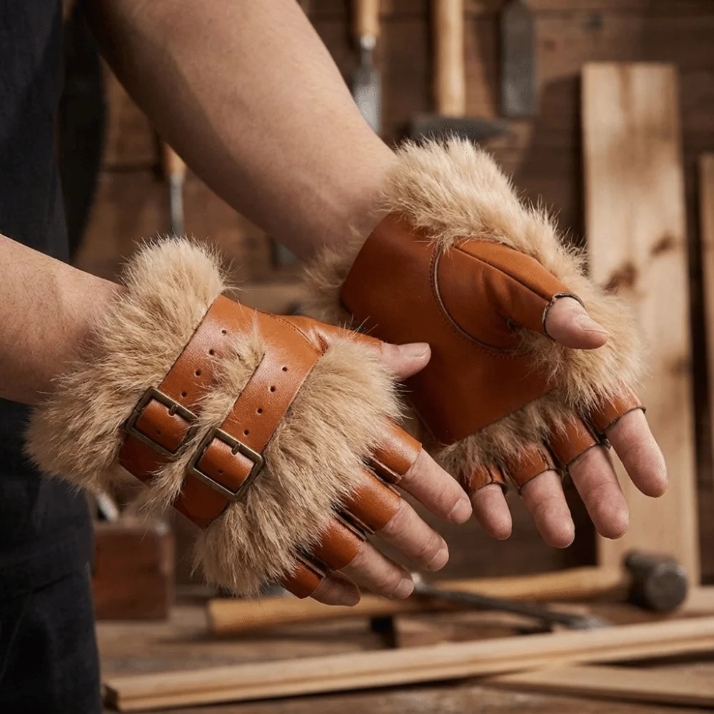 Rock Faux Fur Fingerless Gloves Furry Warm PU Leather Mittens Adjustable Buckle Realistic Gauntlet Viking