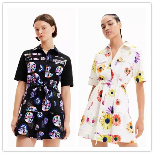 

Foreign trade Spain 2023 fashion new printed belt shirt collar dress
