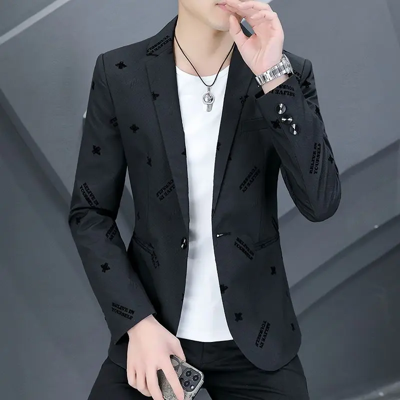 2-A38 Casual, Handsome, Spring Personalized Printed Korean Style Slim Suit Teenage Men's Small Suit Trendy Men's Clothing