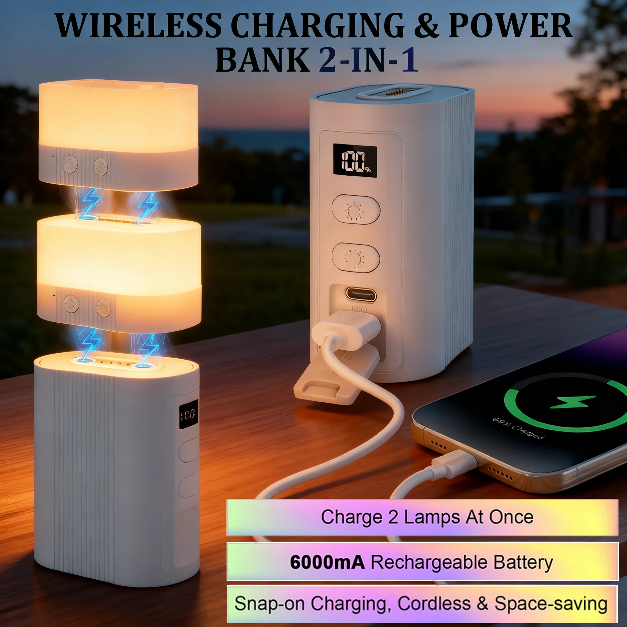 Rechargeable LED Camping Lantern 6000mAh Power Bank IP44 Waterproof 30H Battery Life Dimmable for Emergency Night Outdoor Use