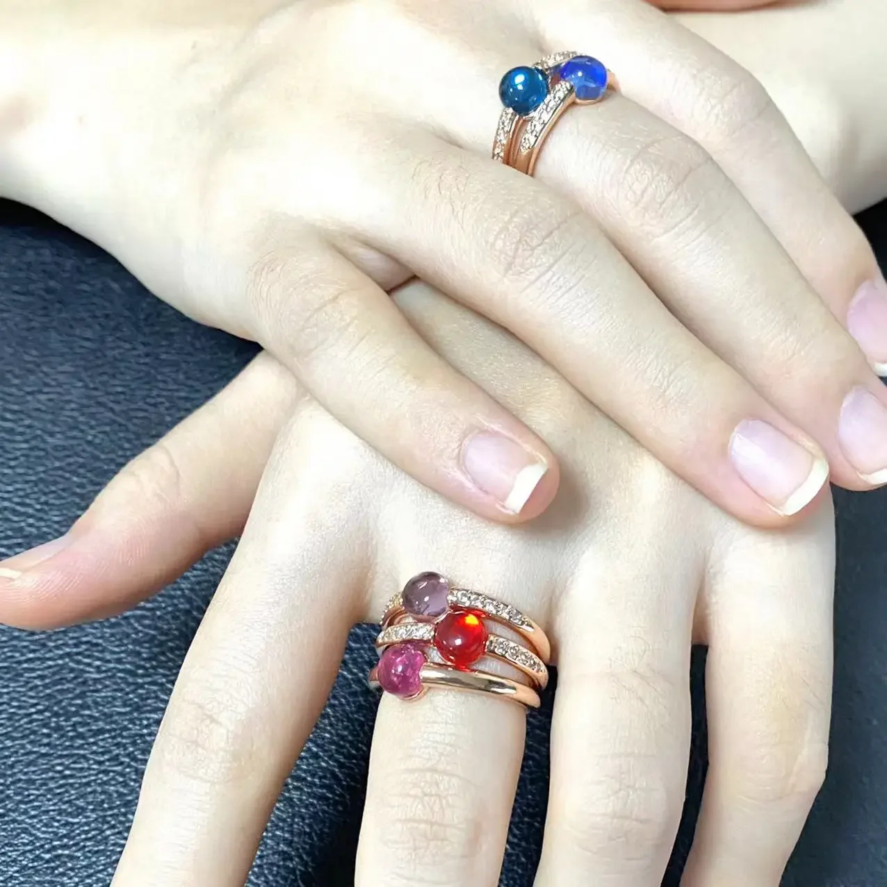 3Pcs/Set  Ring Set Stacking Mix Color Candy Crystal Ring Inlay Zircon Rose Gold Plated Amethyst Blue Topaz Round Ring