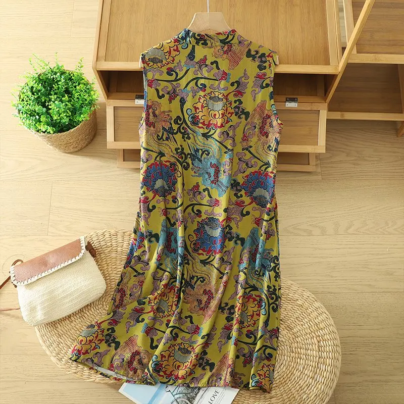 วินเทจสไตล์จีน Midi ชุดผู้หญิงฤดูร้อนใหม่ปุ่มแนวโน้มแห่งชาติ Qipao Elegant เสื้อกั๊กกระโปรงขนาดใหญ่ N983