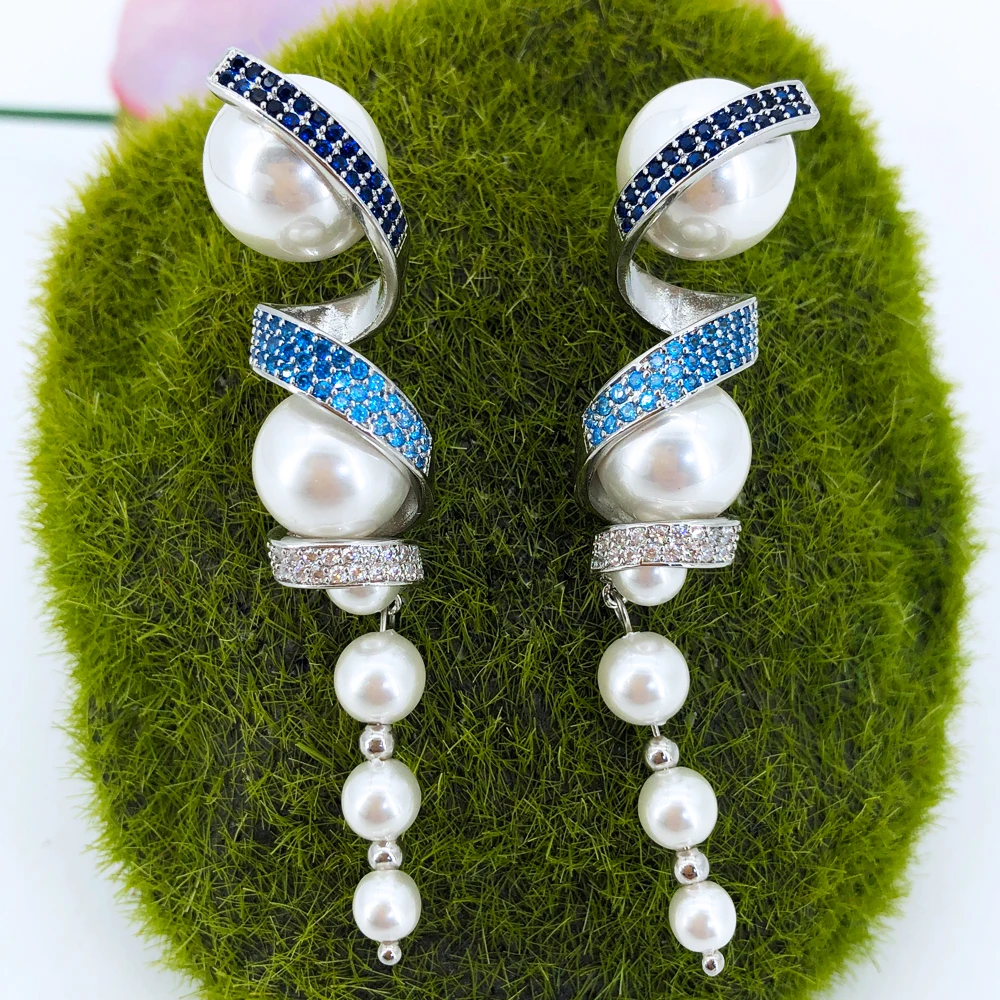 

missvikki New Pearls Long Pendant Earrings for Women Full CZ Cubic Zircon Famous Luxury Charm Dubai Wedding Bohemia Earrings
