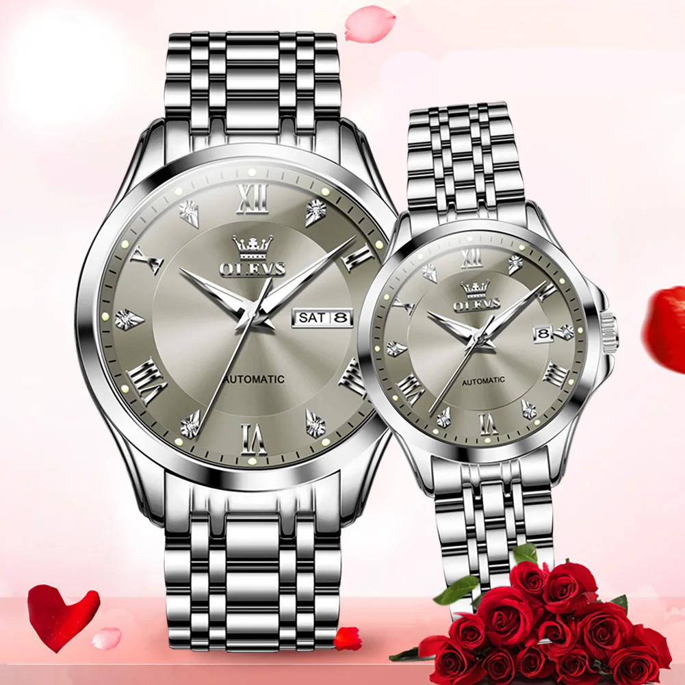 OLEVS 6702 العلامة التجارية الأصلية الفاخرة التلقائي ساعات الزوجين زوج مجموعة للنساء والرجال مقاوم للماء الذهب الميكانيكية عاشق ساعة اليد #4