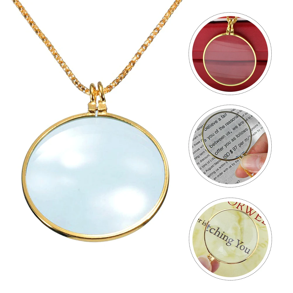 

Reading Magnifier Necklace 5X Metal Glass Lens Portable Pendant for Elderly Children Book Inspection Map Craft Travel
