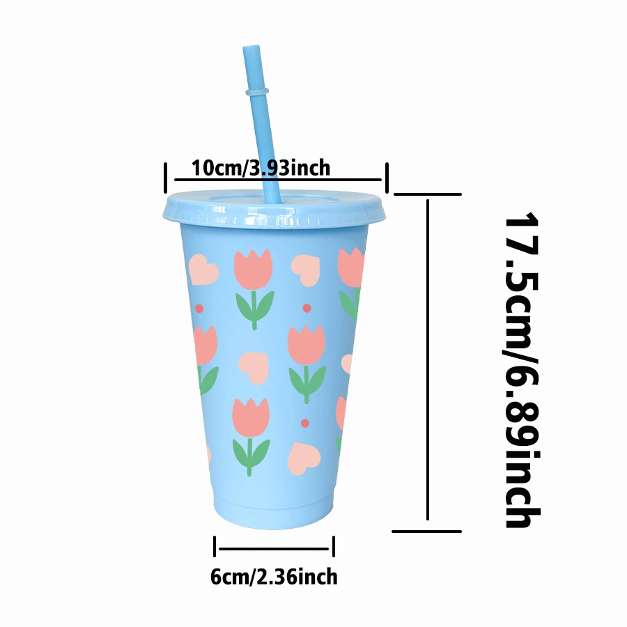 12PCS/Pack, Tulip Print, 26oz Multi-colored Plastic Party Water Cup with Lid and Straw, Birthday Party Decoration, Holiday Gift.