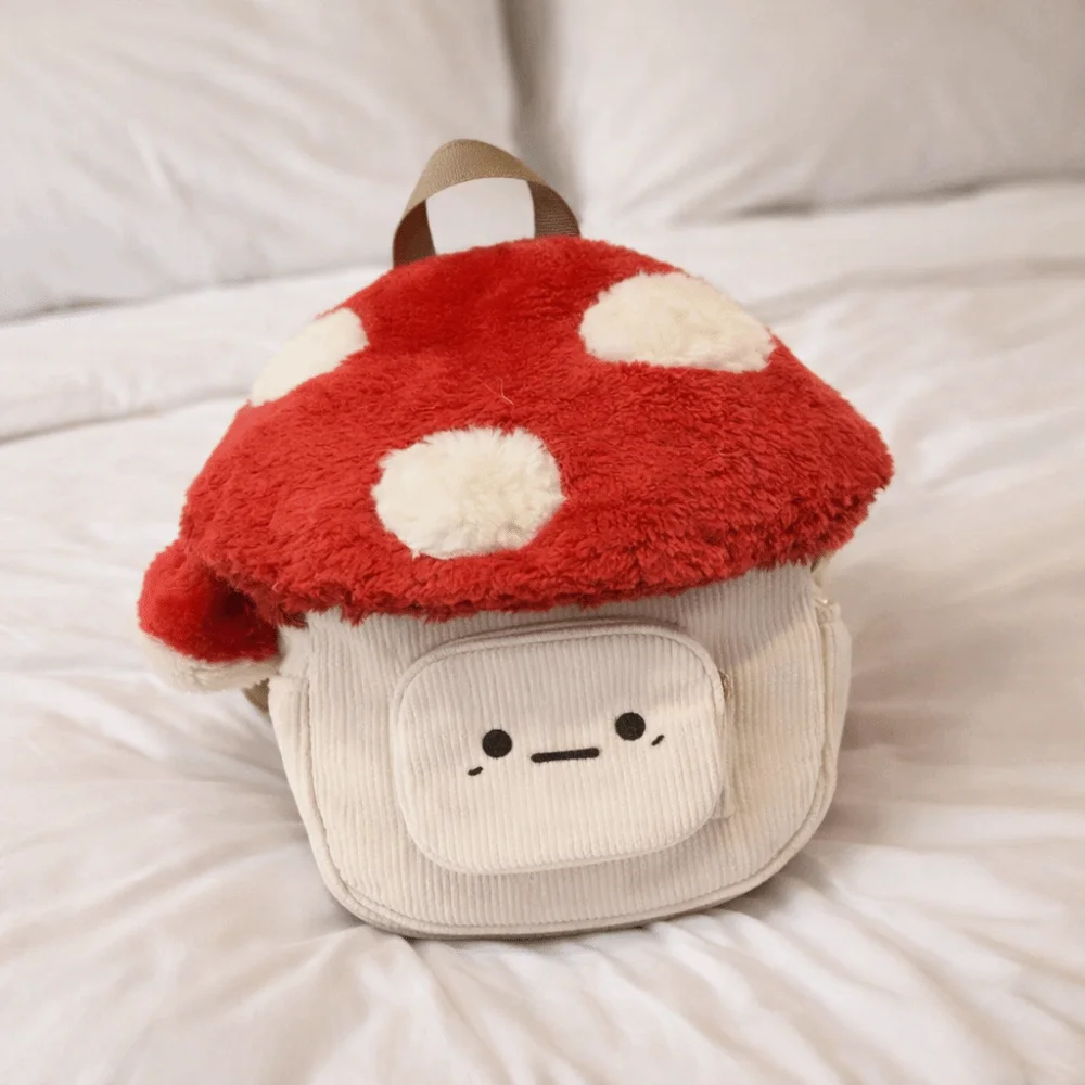 Large Capacity Mushroom Bag Mushroom Top Cute Star Design Backpack Doll Bag Style Small Schoolbag Corduroy Backpack Girls Use
