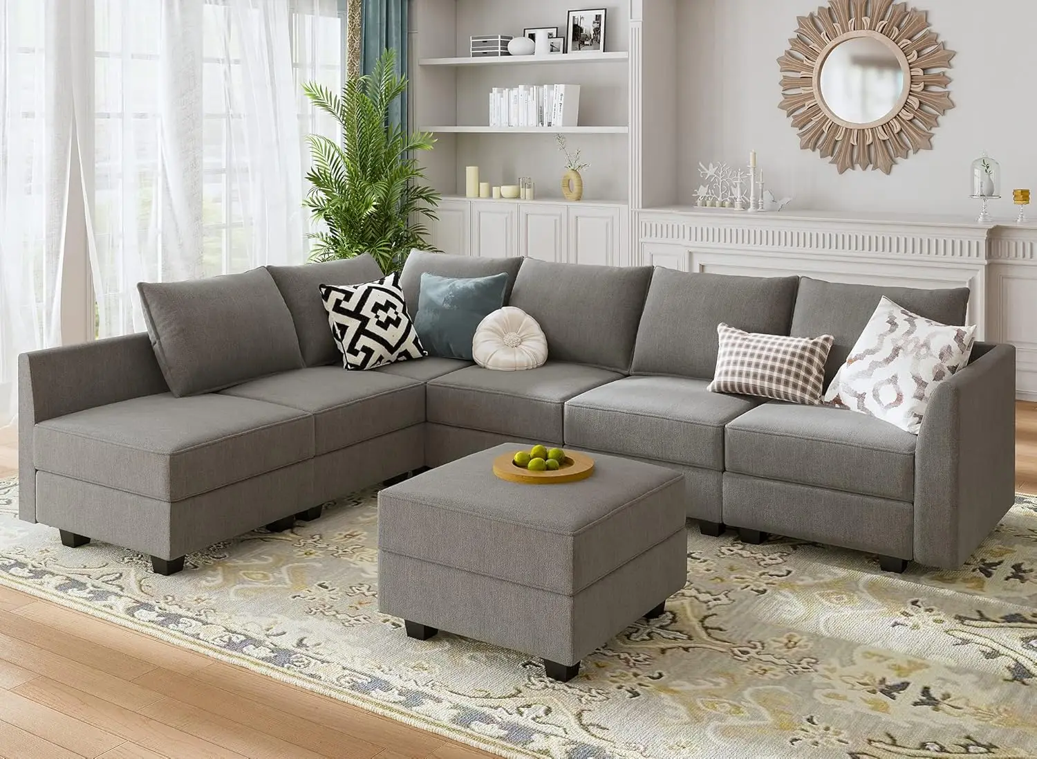 Modular Sectional Sofa with Storage Ottoman Fabric Modular Couch with Reversible Chaise 6-Seater L Shape Corner Sofa Grey