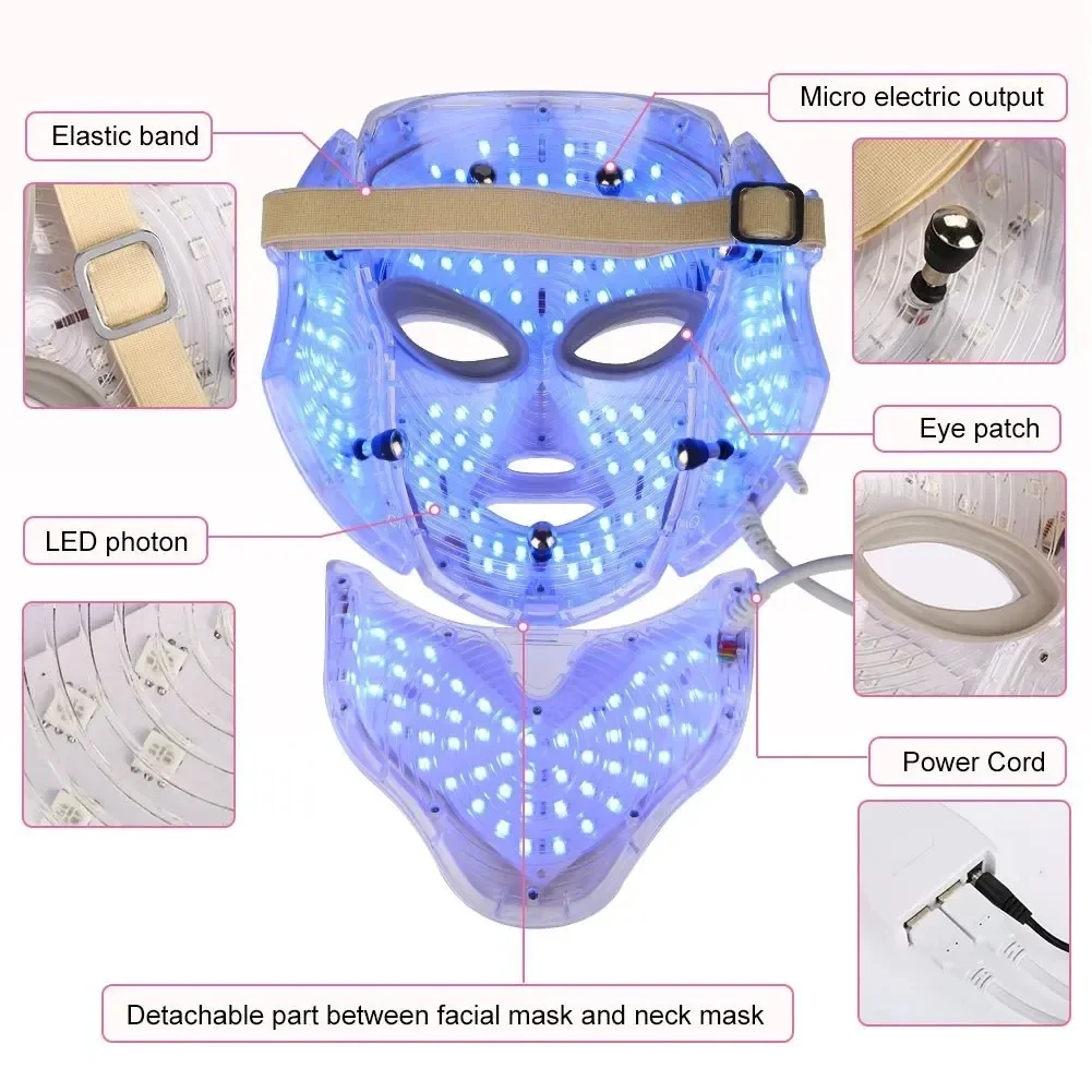 7 cores lumineux LED photothérapie de soin de la peau anti-acne máquina visage cou beauté LED masque