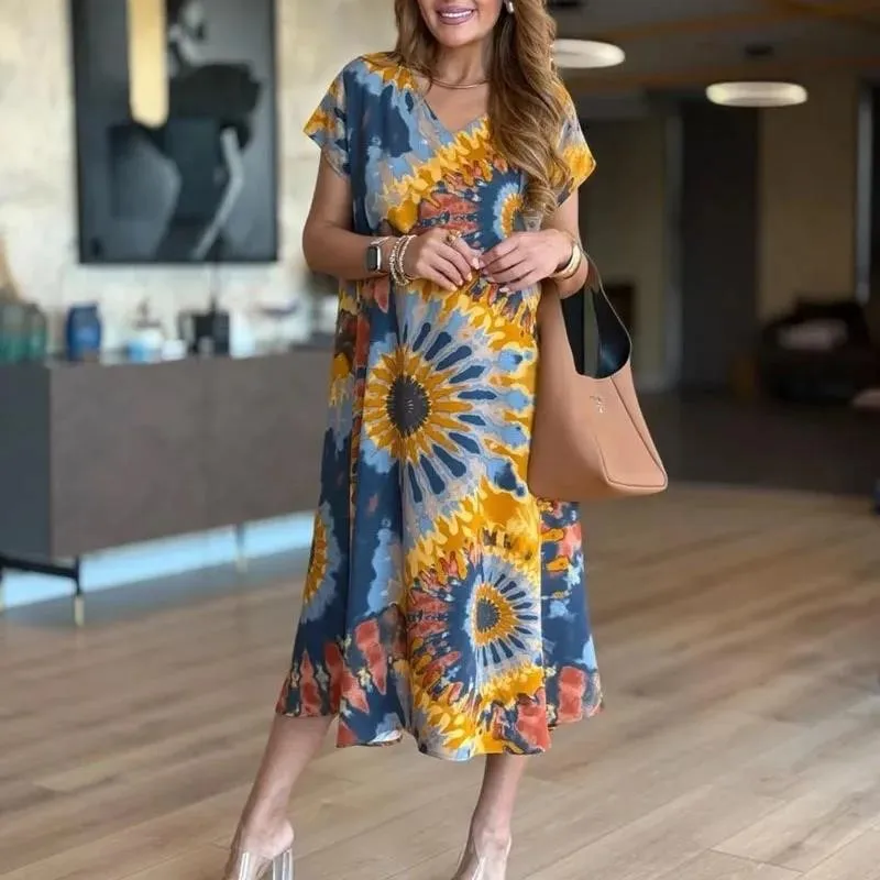 

Boho Retro Tie-dye Print Dress Women Fashion V Neck Loose Casual Party Dress Summer Short Sleeve 2025 New Holiday Long Dresses