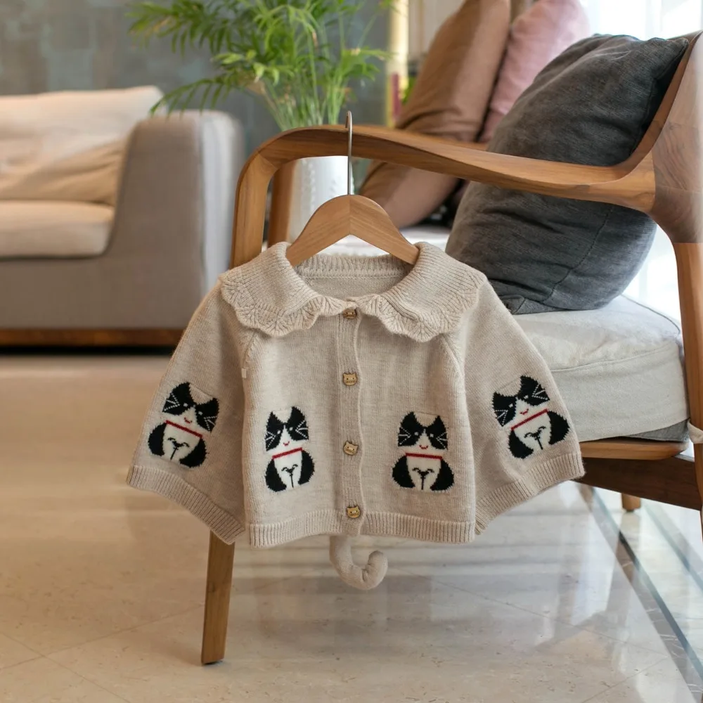 Autumn Winter Girls Turn Down Collar Knit Cloak Cardigan Cute Cartoon Cat Pattern Kids Sweater Coat Toddler Girl Outerwear