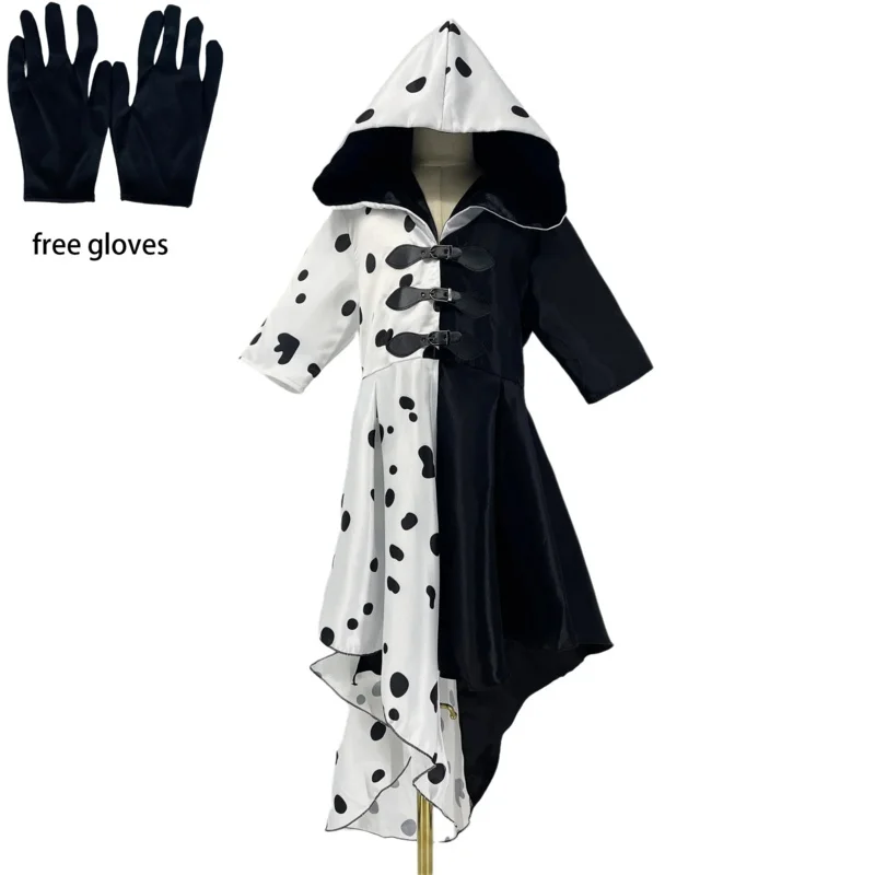 Costume de Cosplay Cruella De Vil du Film Evil Madame pour Femme, Robe de Demoiselle d'Honneur Noire et Blanche, Perruque de Barrage de ixd'Halloween