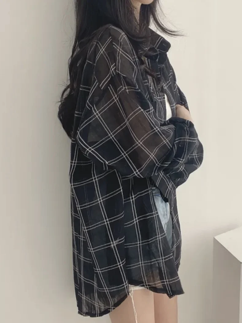 Csa de Proteção Solar Estilo Casual de Verão, Solta e Leve, de Manga Longa, Estampa Xadrez, Moda Fena para Escritório