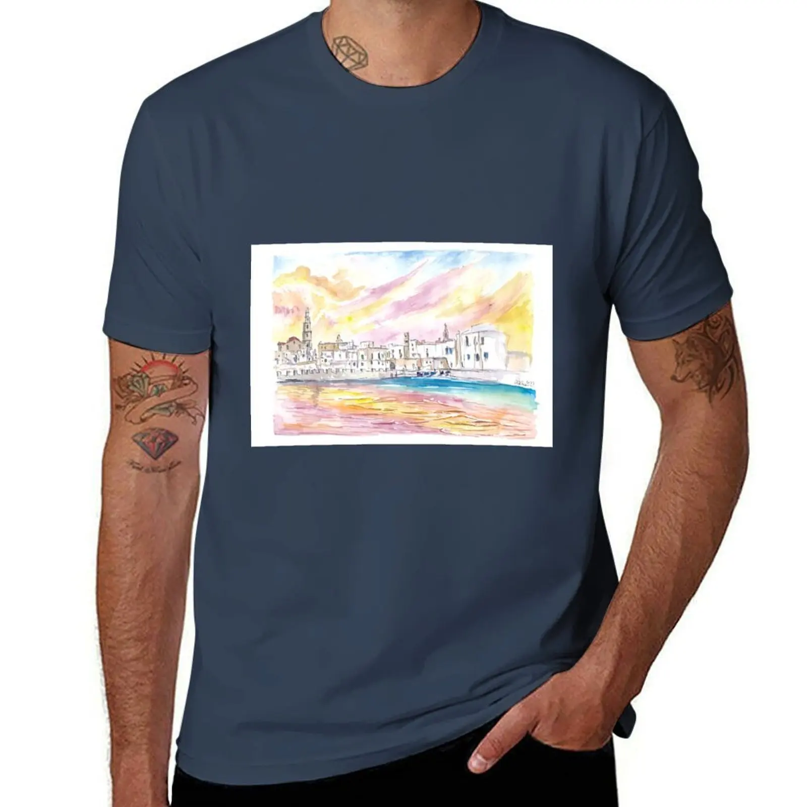 

View of Monopoli Italy with Old Port in Spectacular Sunlight T-Shirt Basic Casual Short Sleeve Cotton Shirt