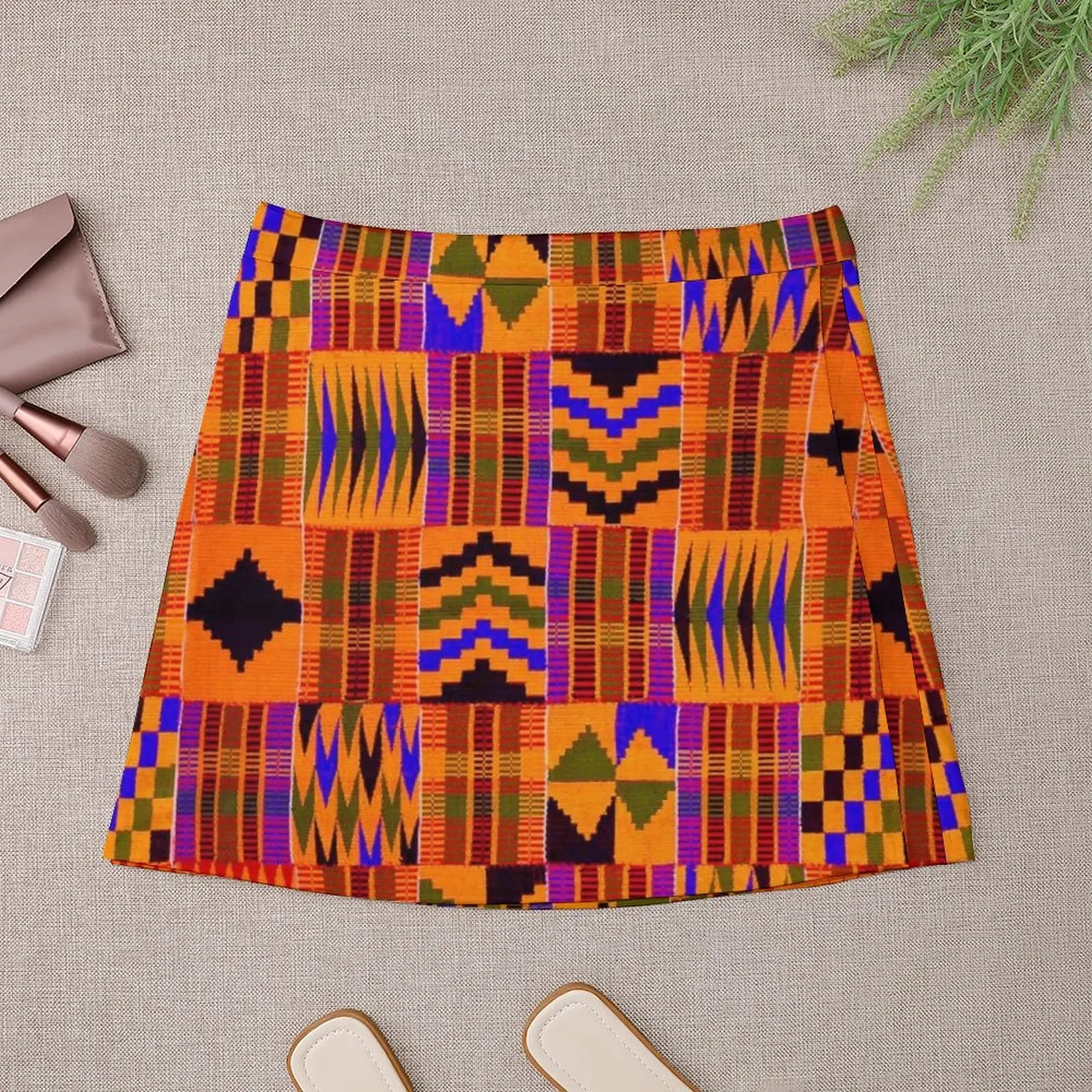 Kente القماش // البرسيمون والأحمر والبرتقالي تنورة صغيرة الإناث الملابس النسائية فستان صيفي 2023 ملابس الصيف