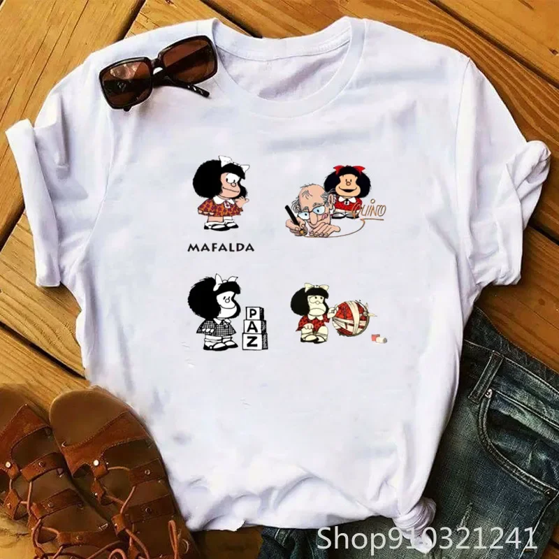 Rock Roll Mafalda tshirt Funny Printed Cartoon Women's Clothing Fashion tops shirts Summer Casual Oversized Teen Clothes Tees