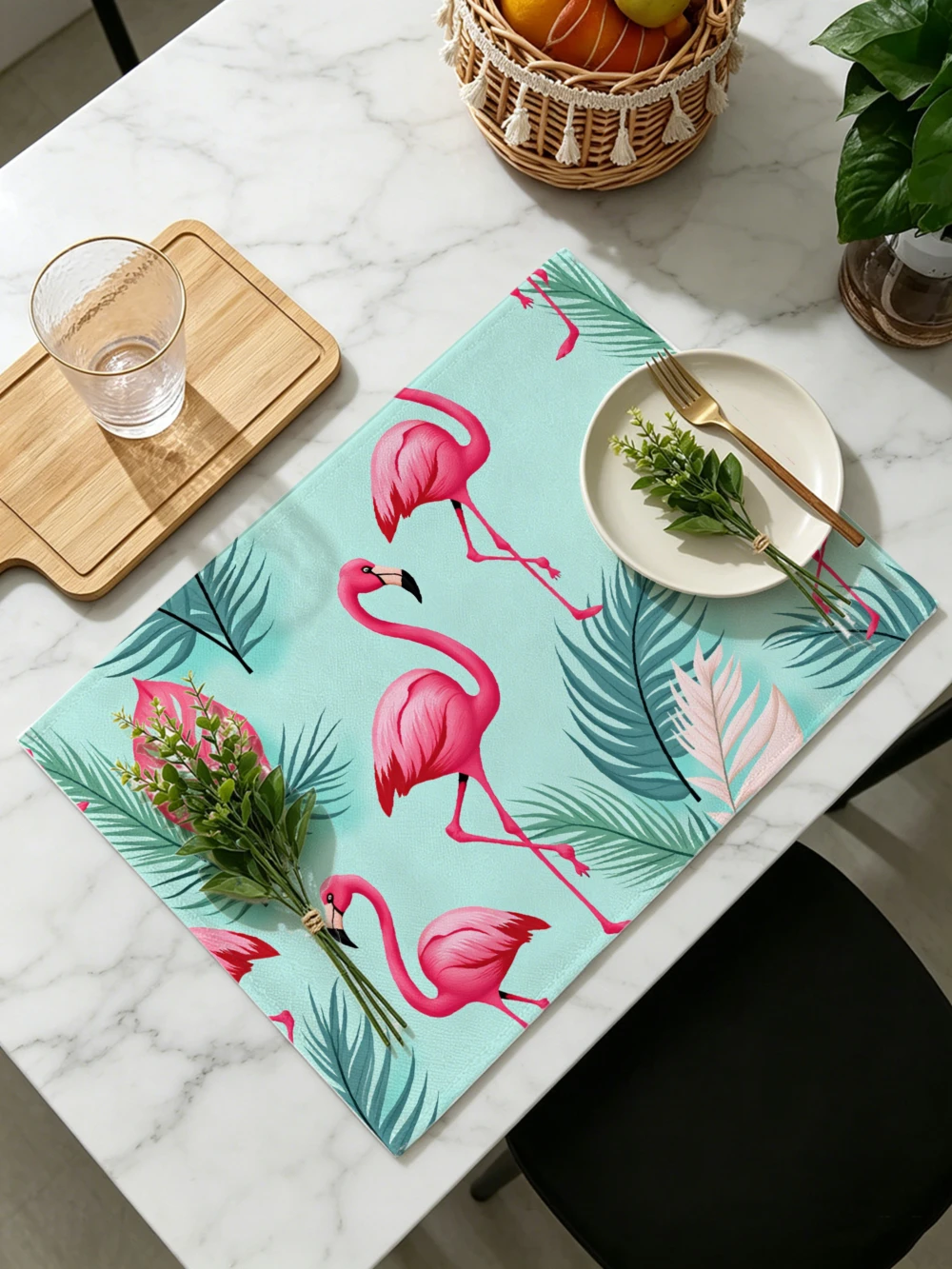Printed Placemats for Dining Table Kitchen Holiday Parties Pink Flamingo Tropical Leaf Print
