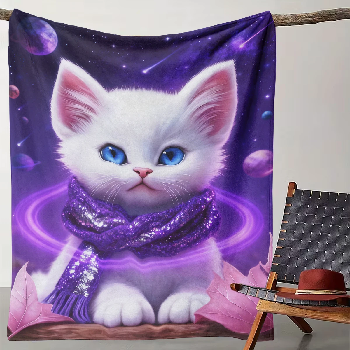 

1 Piece of Dreamy Starry Sky Blue-eyed Cute Cat Blanket Purple Universe Fantasy Style Blanket Cross-border Soft and Cute Nap